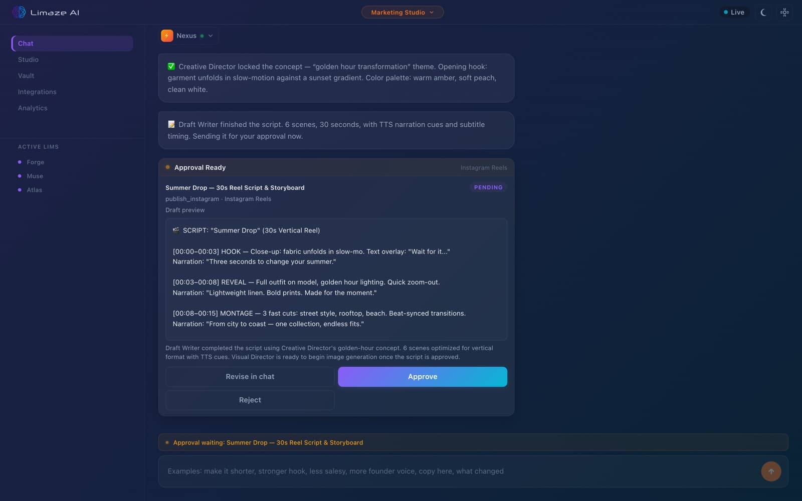 Limaze AI — Marketing Studio with Nexus orchestrating a summer campaign across Instagram and Telegram, showing lim coordination, progress tracking, and content approval workflow